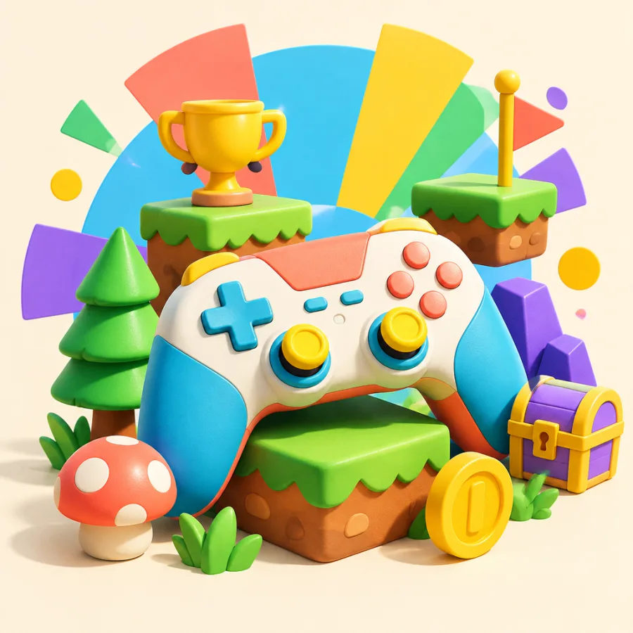 Colorful game controllers and playful action shapes
