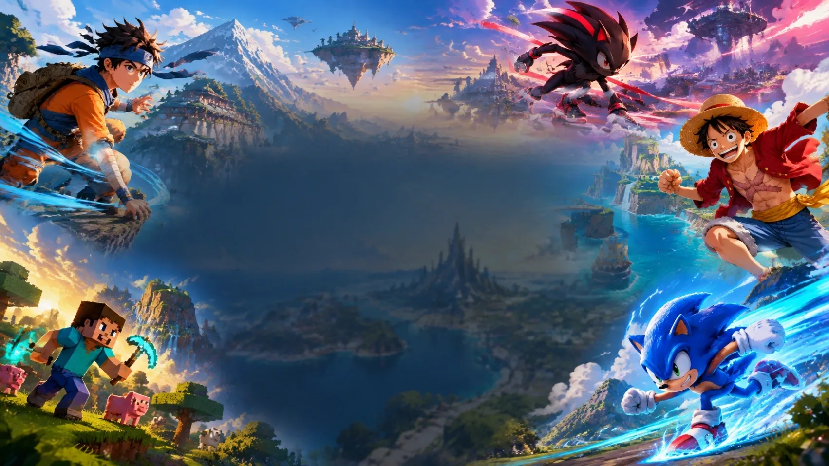 Colorful illustrated game world with an orange-clad ninja on the left, black-and-red speed runner above, and block-building and blue speed heroes around the edges