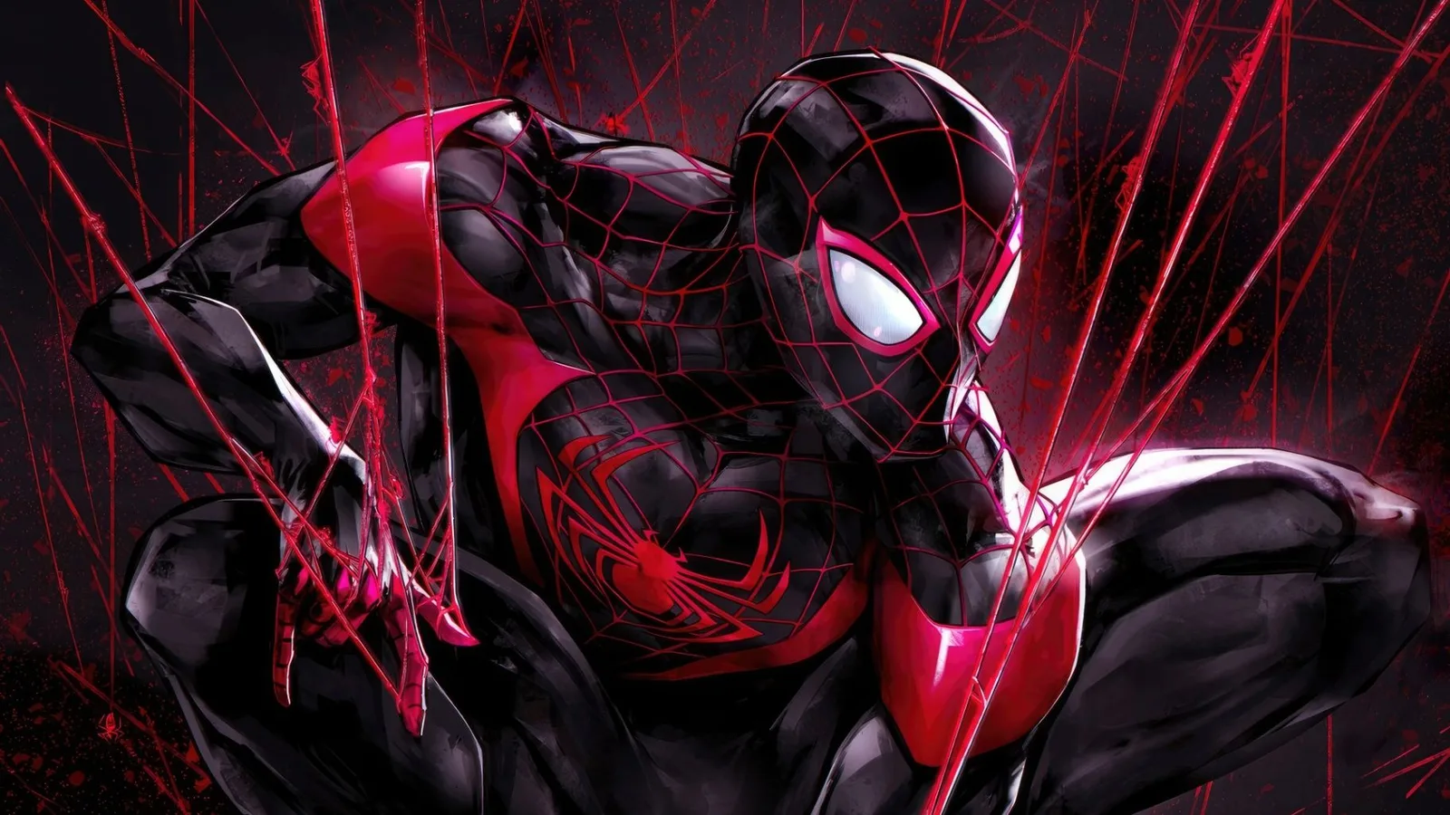 Black-and-red Spider-Man swinging through a city at night