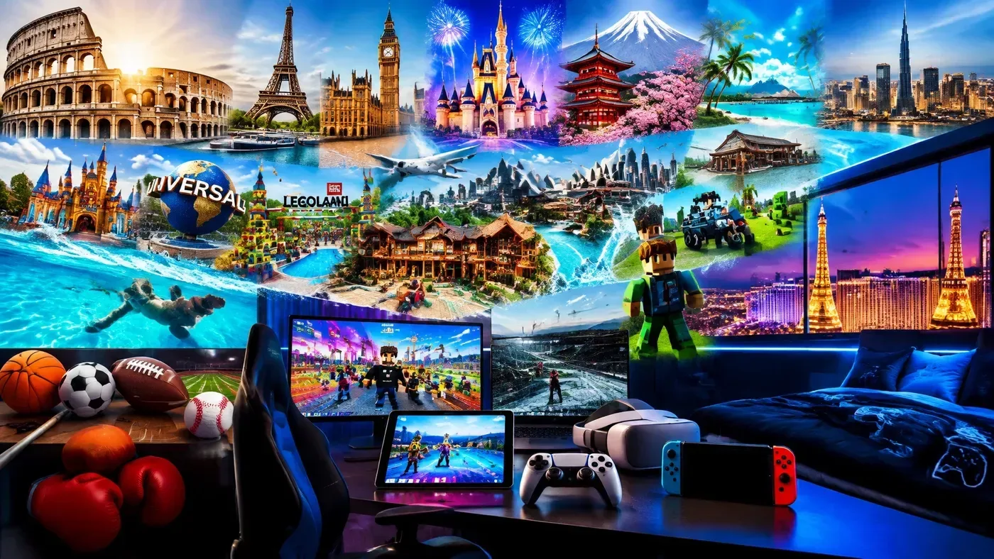 Gaming scenes and world destinations arranged in a colorful Cruz Street collage