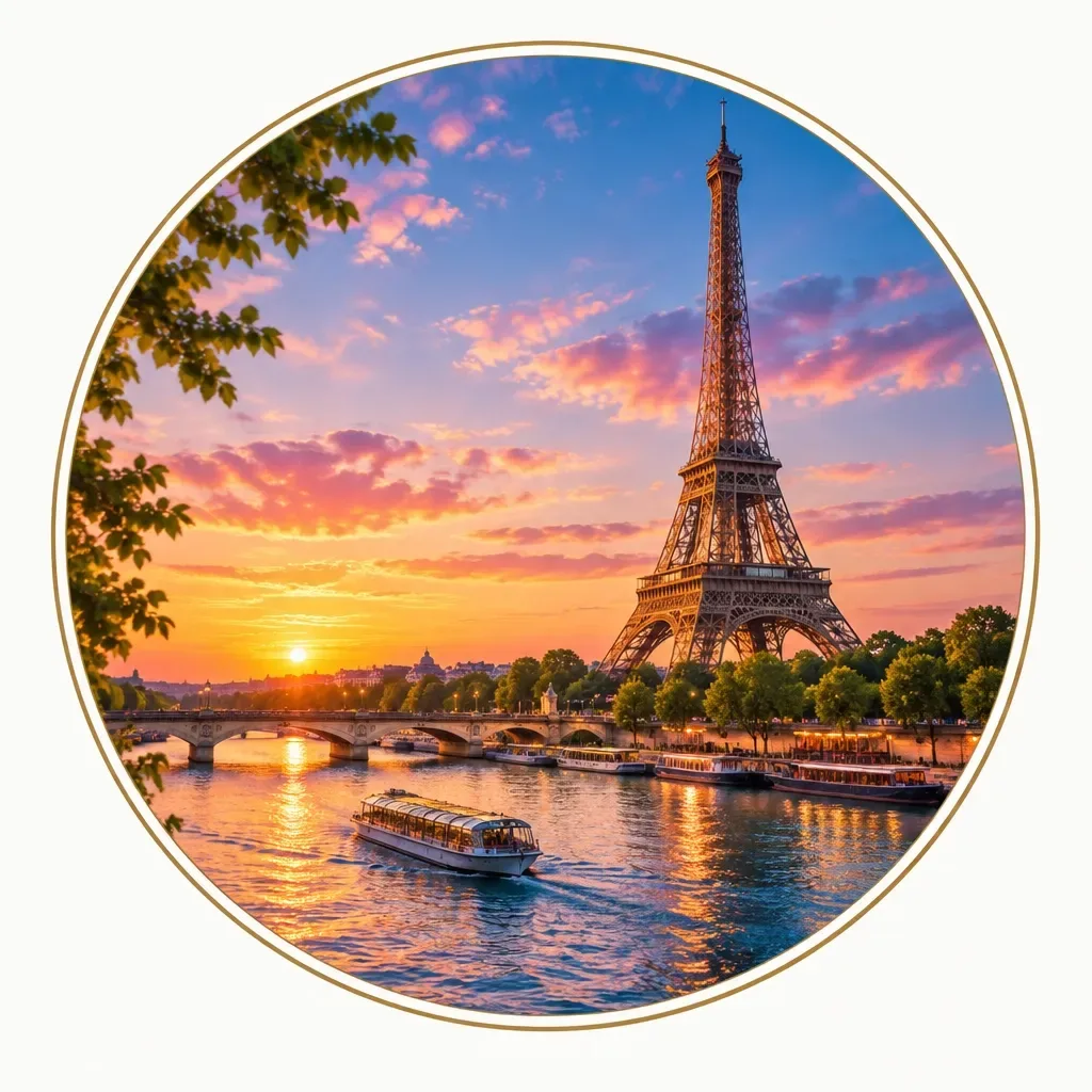 The Eiffel Tower beside the Seine River in Paris, France, at sunset