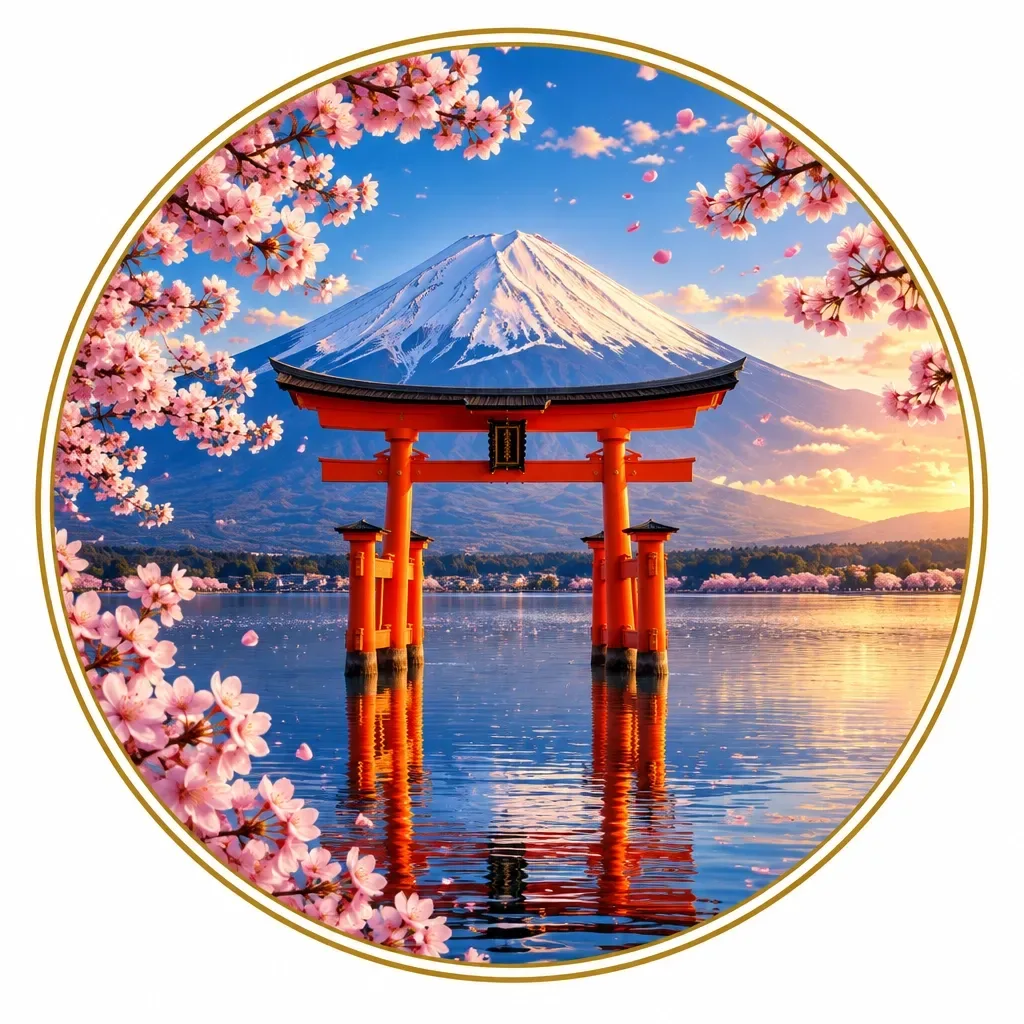 Mount Fuji and a red torii gate beside a lake in Japan, framed by cherry blossoms