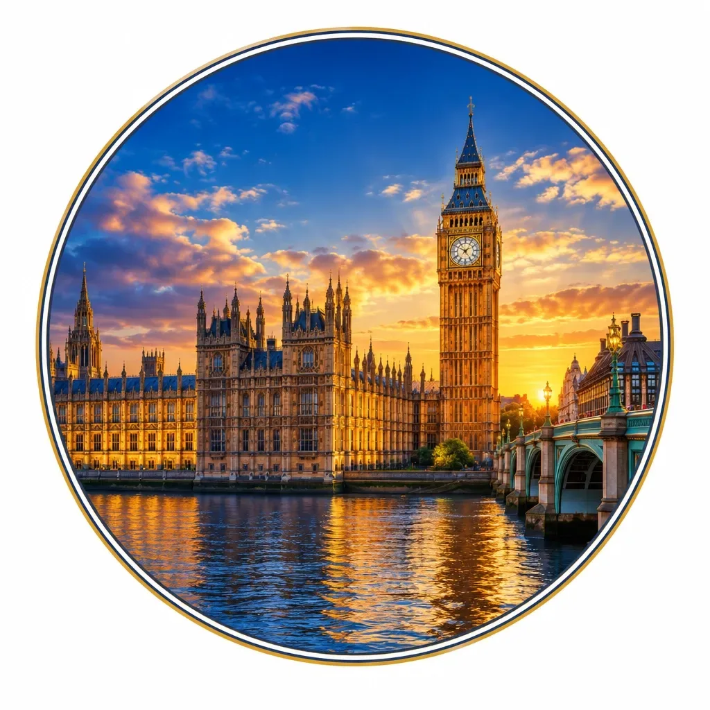 Big Ben and the Palace of Westminster beside the Thames in the United Kingdom at sunset
