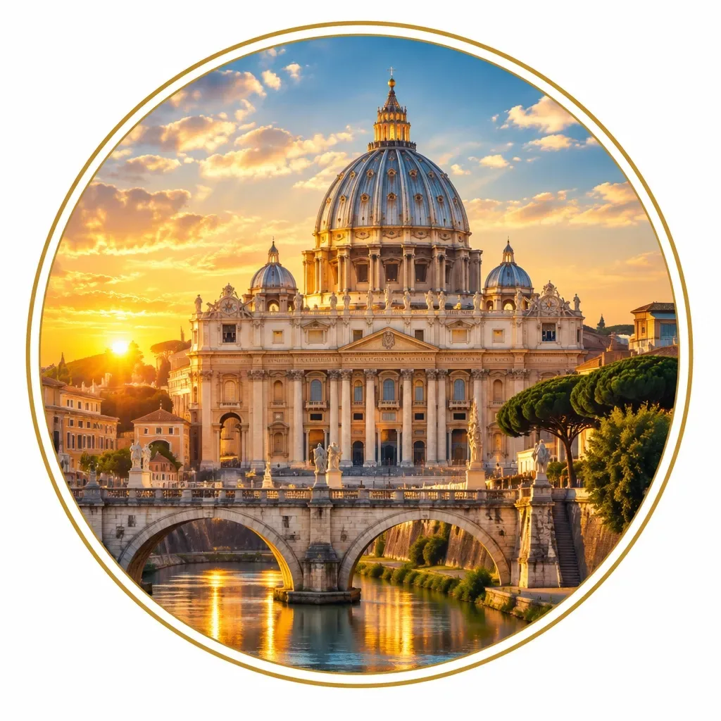 St. Peter's Basilica and a bridge over the Tiber River in Vatican City at sunset